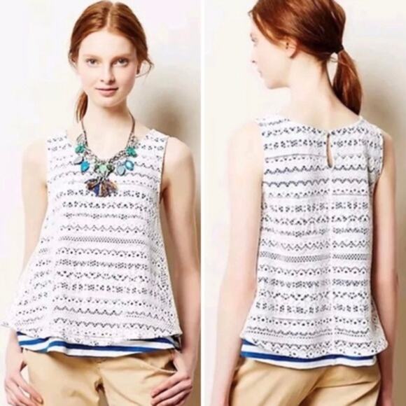 Anthropologie Postmark Crochet Lace Overlay Striped Swing Tank - White/Blue - M - Picture 7 of 11